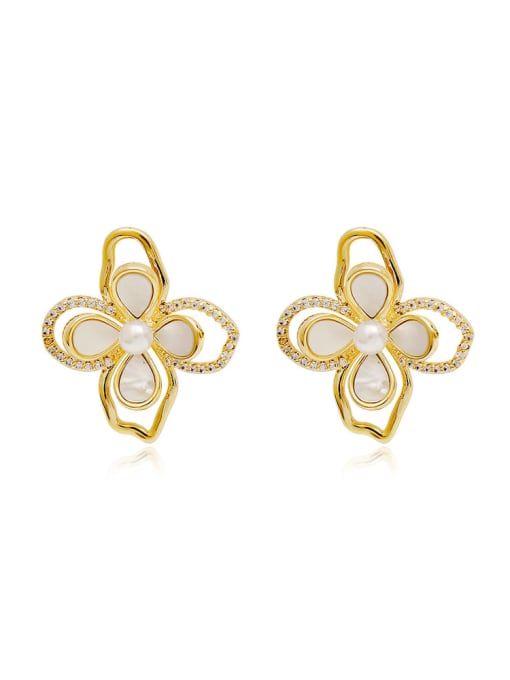 14k Gold Brass Shell Flower  Cubic Zirconia Vintage Stud Trend Korean Fashion Earring