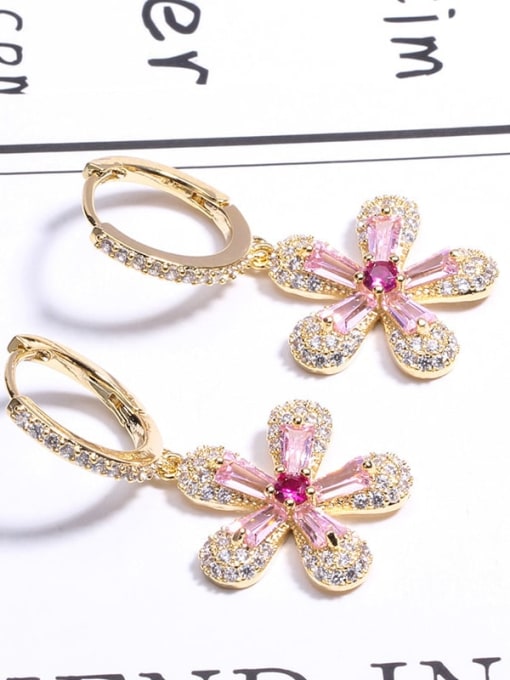 Pink Brass Cubic Zirconia Multi Color Flower Dainty Drop Earring