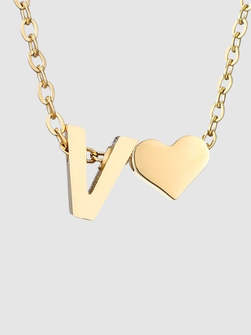 V 14K Gold Stainless steel Letter Minimalist  Heart Pendant Necklace