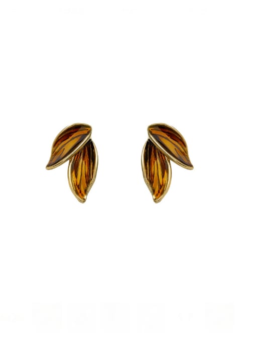 Light gold transparent deep coffee Brass Enamel Tree Leaf Trend Stud Earring
