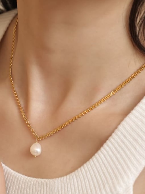 Five Color Brass Freshwater Pearl Geometric Minimalist Chain Necklace 1
