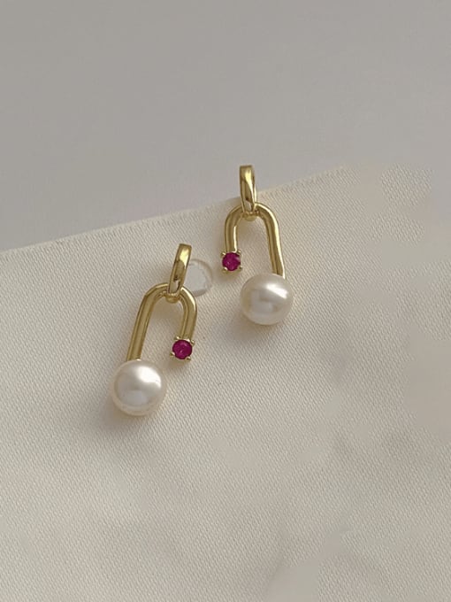 Purple Zircon Pearl Earrings Brass Imitation Pearl Geometric Minimalist Stud Earring