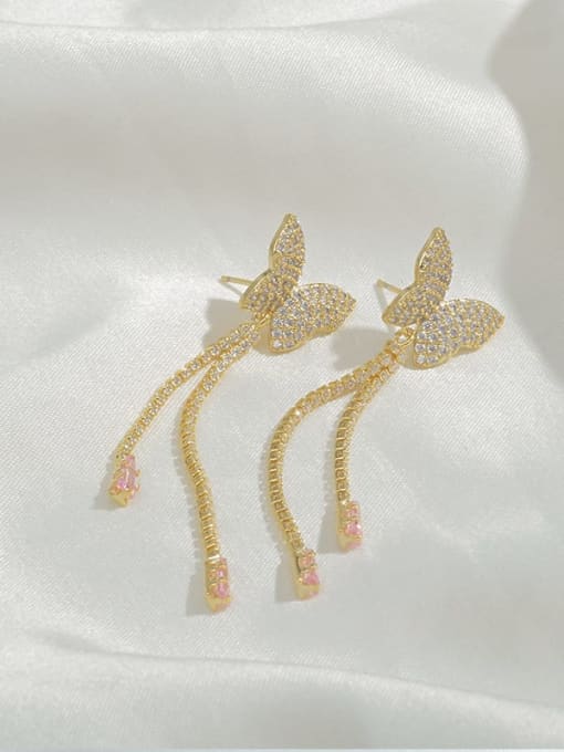 YOUH Brass Cubic Zirconia Pink Tassel Dainty Threader Earring 1
