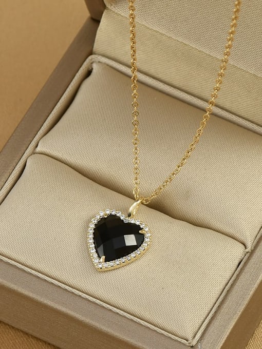 Gold XL62275 Brass Cubic Zirconia Black Heart Dainty Necklace