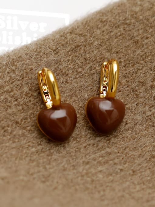18K Gold Deep Coffee Brass Enamel Heart Minimalist Huggie Earring