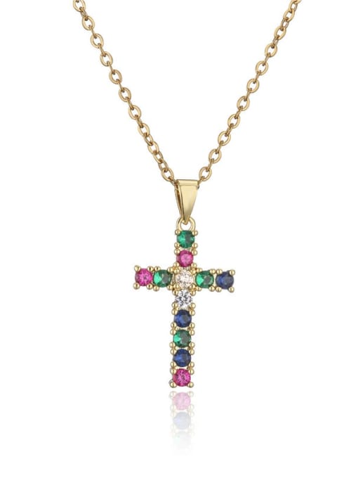 golden Brass Cubic Zirconia Cross Vintage Regligious Necklace