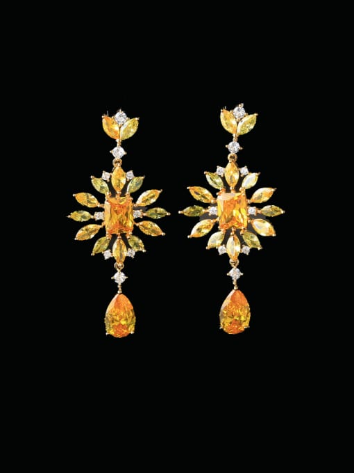 OUOU Brass Cubic Zirconia Flower Water Drop Luxury  Long Cluster Earring 0