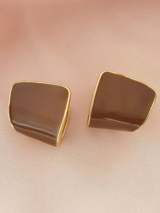 14k Gold Caramel Brass Enamel Geometric Minimalist Stud Earring