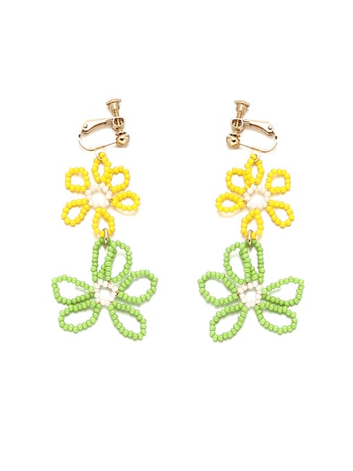 Green ear clip Brass Glass beads Multi Color Flower Minimalist Clip Earring