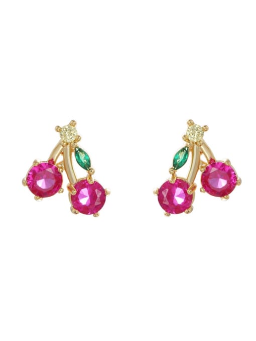 Big red cherry Brass Cubic Zirconia Multi Color Friut Cute Stud Earring
