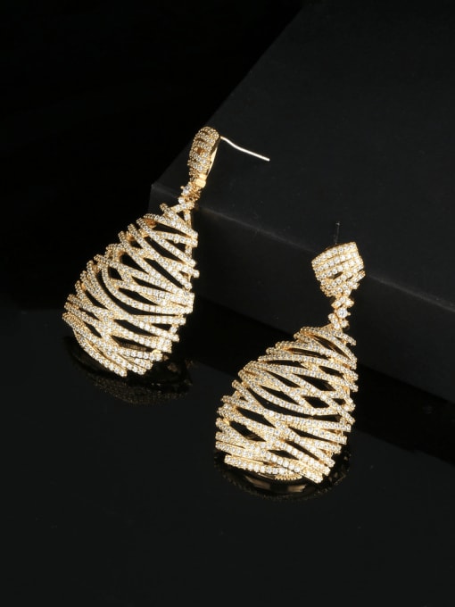 golden Brass Cubic Zirconia Geometric Luxury Line Crsos Cluster Earring