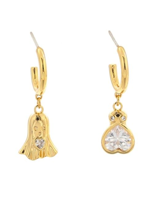 Asymmetric earring Brass Glass Stone Heart Vintage Huggie Earring