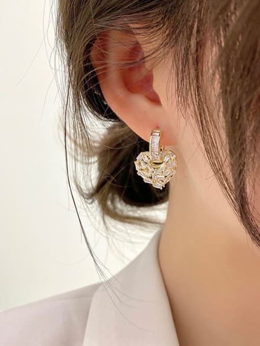 Gold E743 Brass Cubic Zirconia Heart Dainty Stud Earring