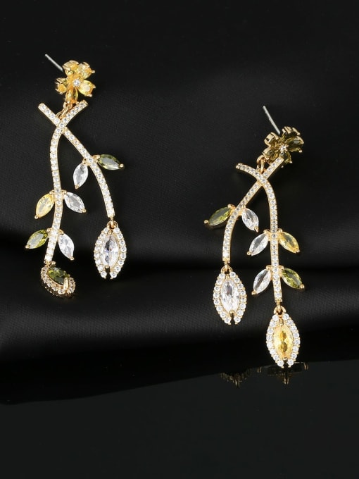golden Brass Cubic Zirconia Leaf Luxury Cluster Earring