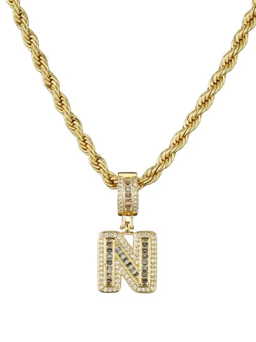 N Brass Cubic Zirconia  Vintage Letter Pendant Necklace