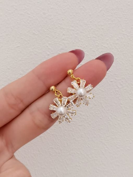 14k Gold Brass Cubic Zirconia Flower Minimalist Drop Earring