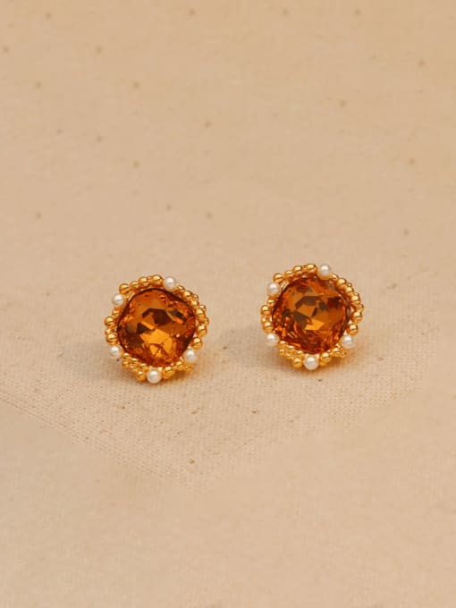 18K gold light coffee diamond Brass Synthetic Crystal Geometric Trend Stud Earring