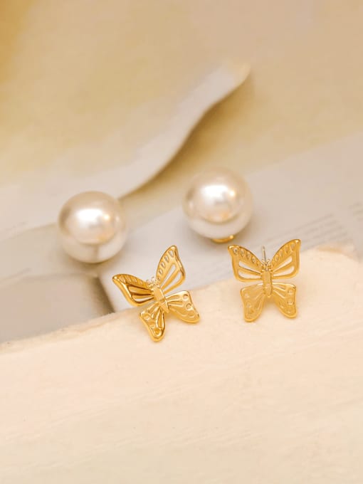 HYACINTH Brass Imitation Pearl Butterfly Minimalist Stud Earring 2