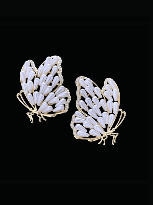 SUUTO Brass Imitation Pearl Butterfly Statement Stud Earring 1