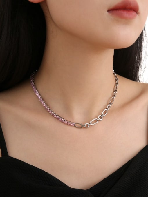 TINGS Brass Cubic Zirconia Pink Geometric Trend Necklace 1