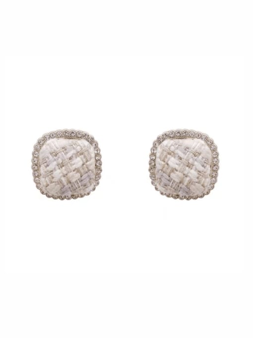 Beige Plaid Brass Cotton thread Weave square Trend Stud Earring