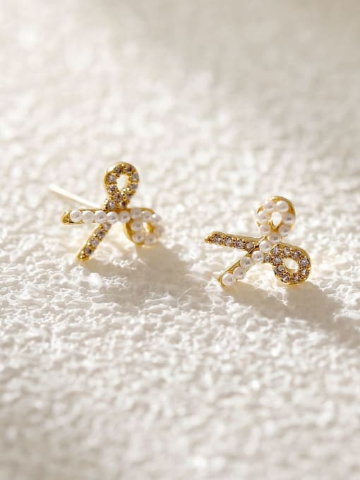 14k Gold Brass Cubic Zirconia Bowknot Cute Stud Earring