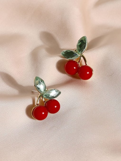 14k Gold Brass Cubic Zirconia Enamel Friut Cherry Trend Stud Earring