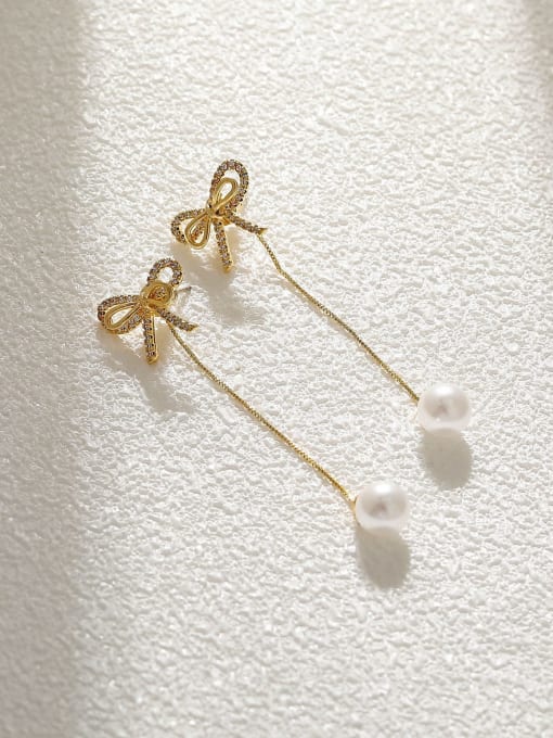 14k Gold Brass Imitation Pearl Bowknot Tessel Earring