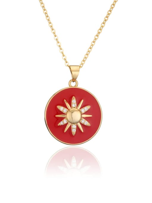 red Brass Enamel Round Minimalist Sun Pendant Necklace