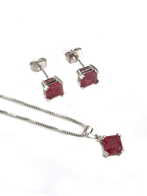Red zircon plated with platinum Brass Square Cubic Zirconia Earring and Necklace Set