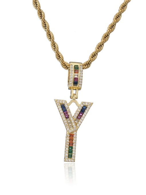 Y Brass Cubic Zirconia  Vintage Letter Pendant Necklace