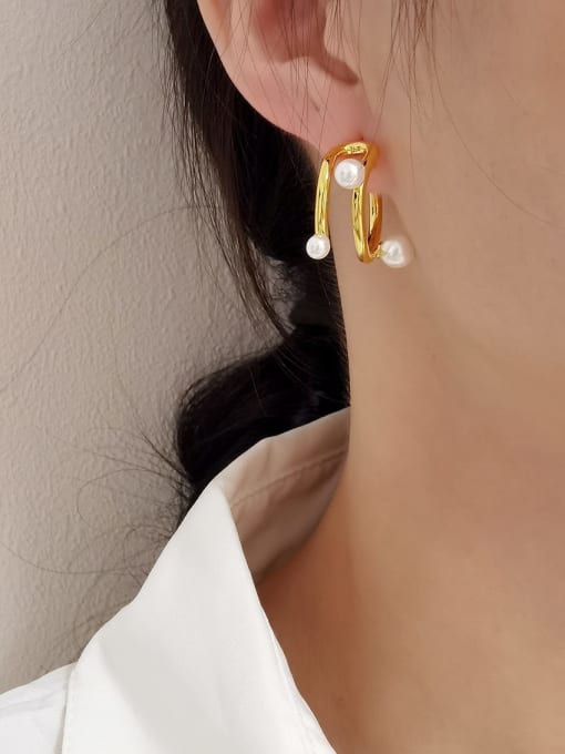 HYACINTH Brass Imitation Pearl Geometric Vintage Clip Earring 1