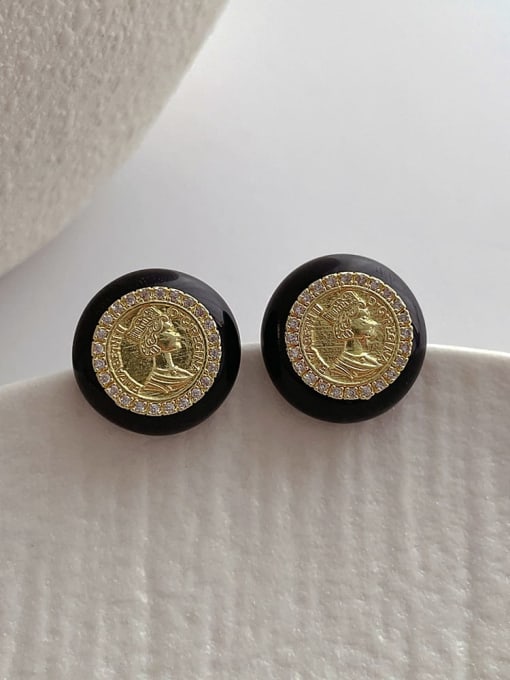 Q127 black Brass Cubic Zirconia Enamel Round Vintage Stud Earring