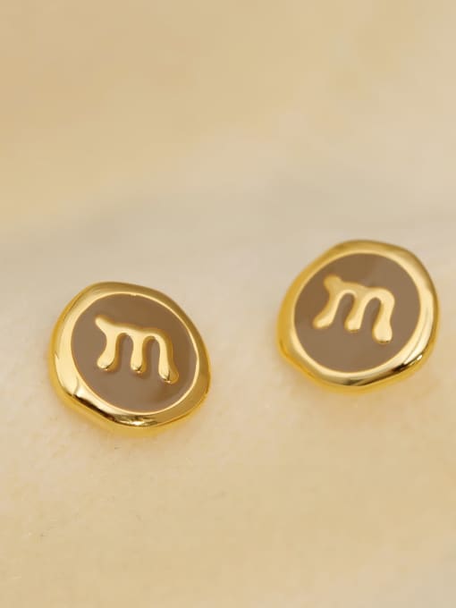 18K Gold Light Coffee Brass Enamel Letter Minimalist Stud Earring