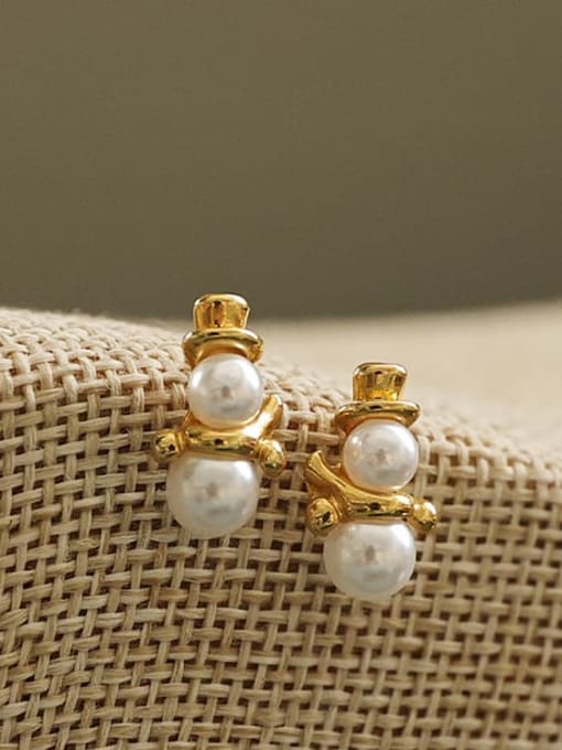 Five Color Brass Imitation Pearl Irregular Cute  Snowman Stud Earring 2
