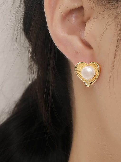 HYACINTH Brass Imitation Pearl Heart Vintage Stud Trend Korean Fashion Earring 1