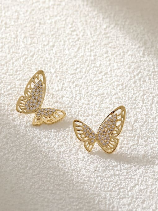 14k Gold Brass Cubic Zirconia Butterfly Trend Stud Earring