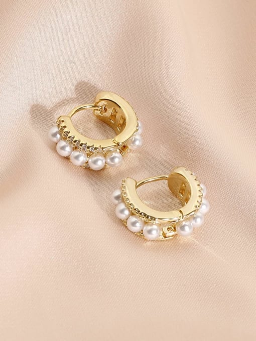 14k Gold Brass Imitation Pearl Geometric Minimalist Huggie Earring