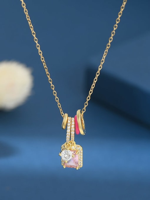Gold XL62705 Brass Cubic Zirconia Pink Geometric Dainty Necklace