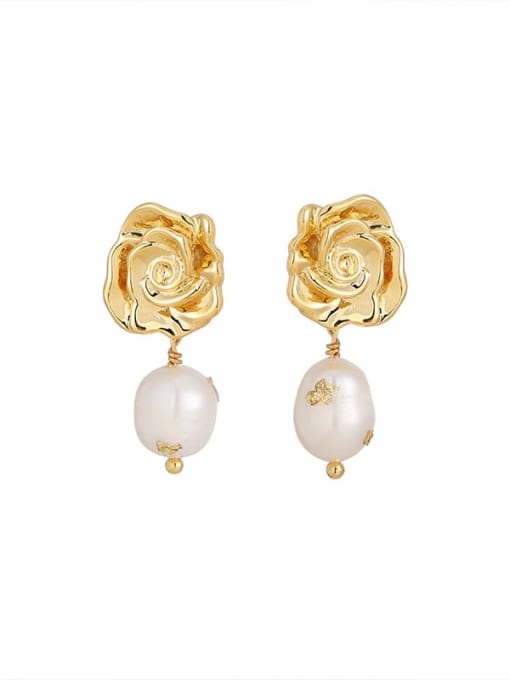 golden Brass Imitation Pearl Flower Bohemia Drop Earring