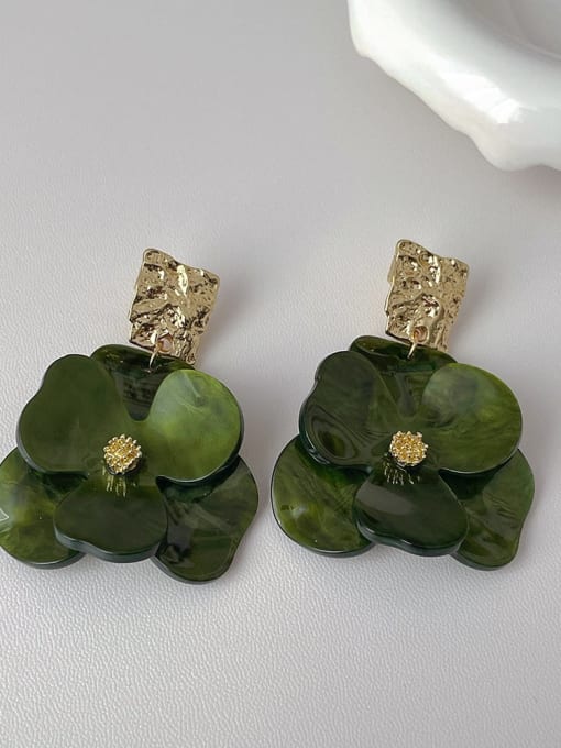 green Brass Acrylic Flower Minimalist Drop Earring