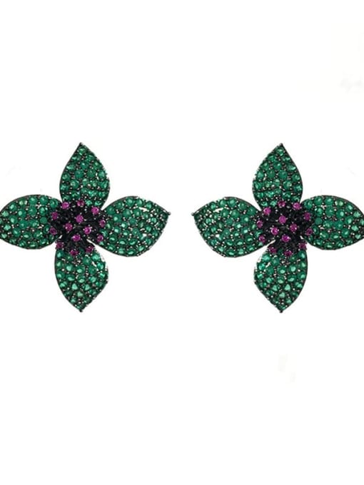 green Brass Cubic Zirconia Flower Vintage Stud Earring