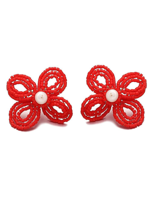 Bright red earrings Brass Glass beads Multi Color Flower Bohemia Pure handmade Weave Earring