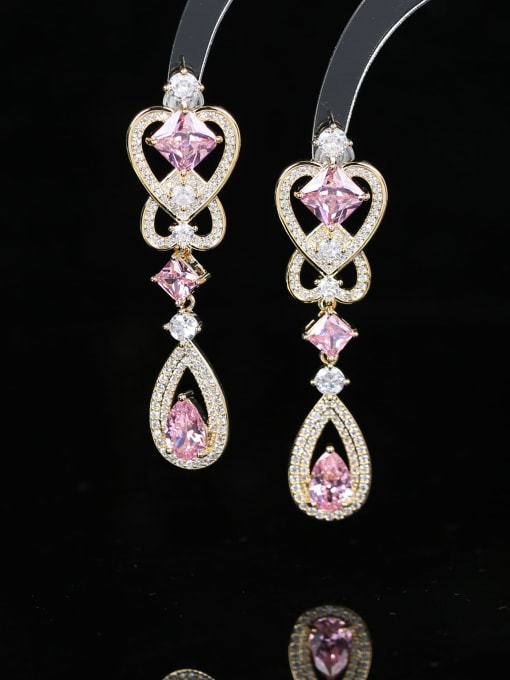 Pink Brass Cubic Zirconia Water Drop Heart Luxury Cluster Earring