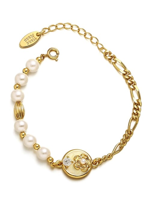 golden Brass Imitation Pearl Flower Hip Hop Asymmetrical Chain Beaded Bracelet