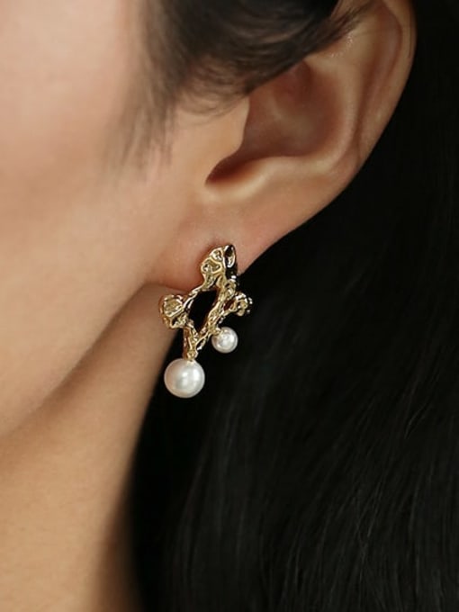 Five Color Brass Imitation Pearl Asymmetry Irregular Vintage Stud Earring 1