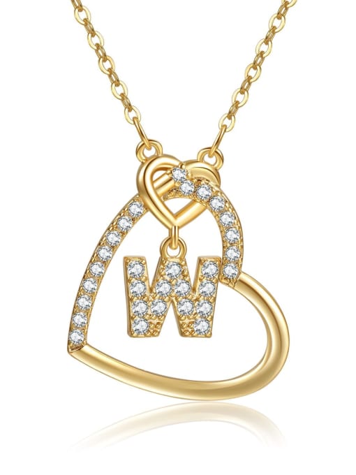 W Gold Brass Cubic Zirconia Heart Minimalist  Letter Pendant Necklace