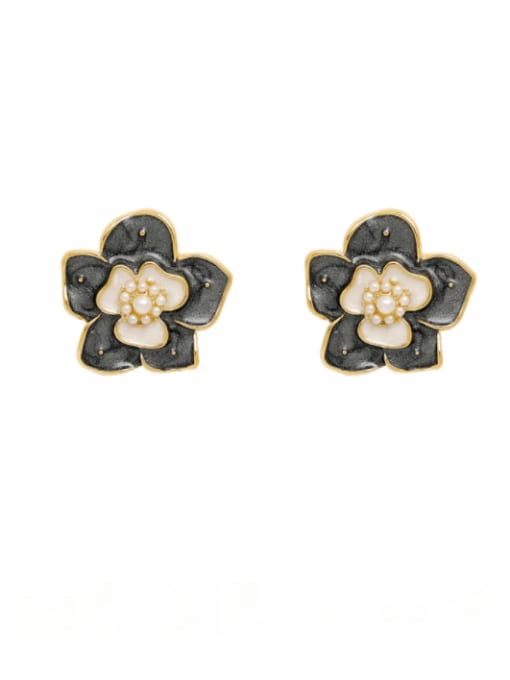 HYACINTH Brass Imitation Pearl Enamel Flower Vintage Clip Earring 0