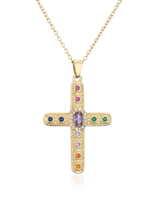 21773 Brass Cubic Zirconia Cross Vintage Regligious Necklace