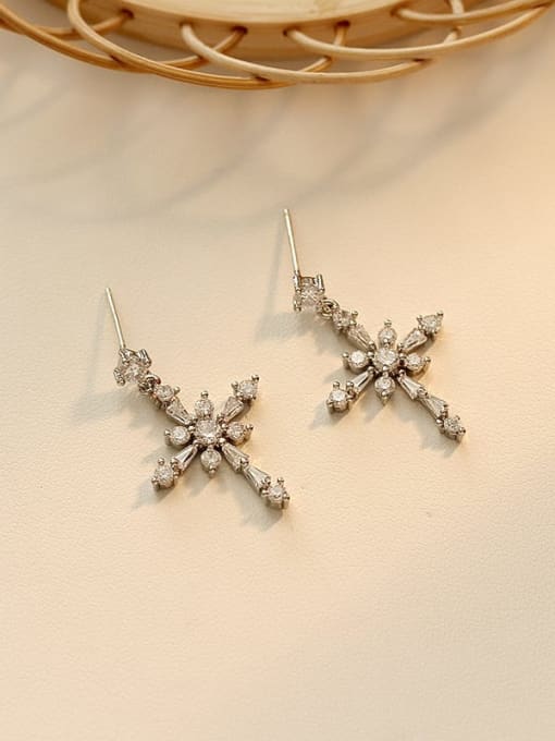 white K Copper Cubic Zirconia Cross Dainty Drop Trend Korean Fashion Earring